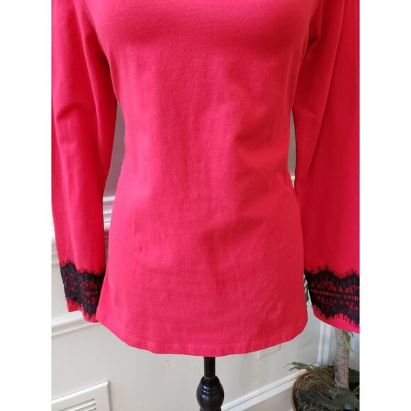 Women's IZOD Red Lace Shoulder Long Sleeve Top with Black Lace Detail Size M - Picture 4 of 11